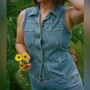 Eddie Bauer Women’s Large Denim Button Up Vest Y2K Cottagecore Coquette Western